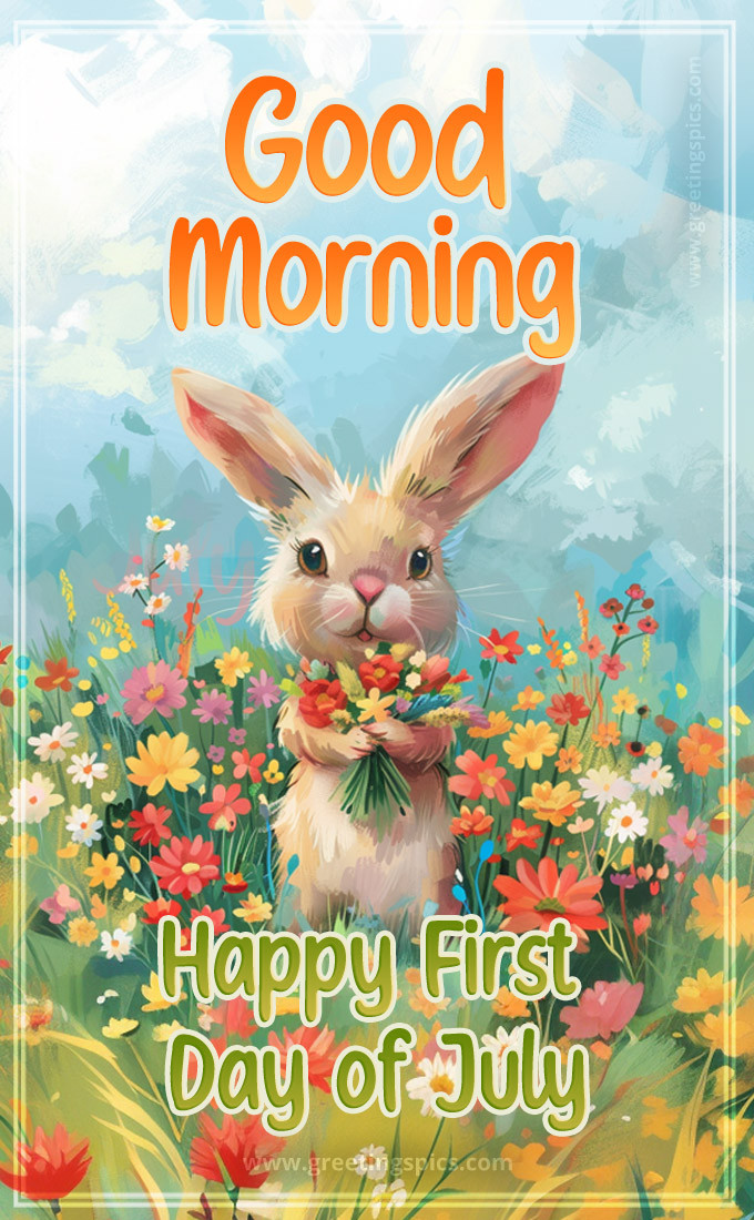 Good Morning Happy First Day of July a picture of a cute bunny holding a bunch of flowers (tall rectangle shape picture)