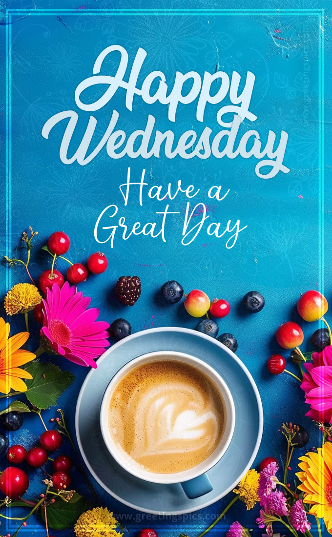 Happy Wednesday Have a Great Day image with a cup of coffee and colorful flowers (tall rectangle shape picture)