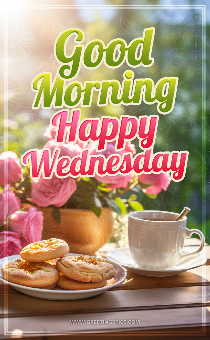 Good Morning Happy Wednesday Picture with tea, cookies and roses (tall rectangle shape picture)