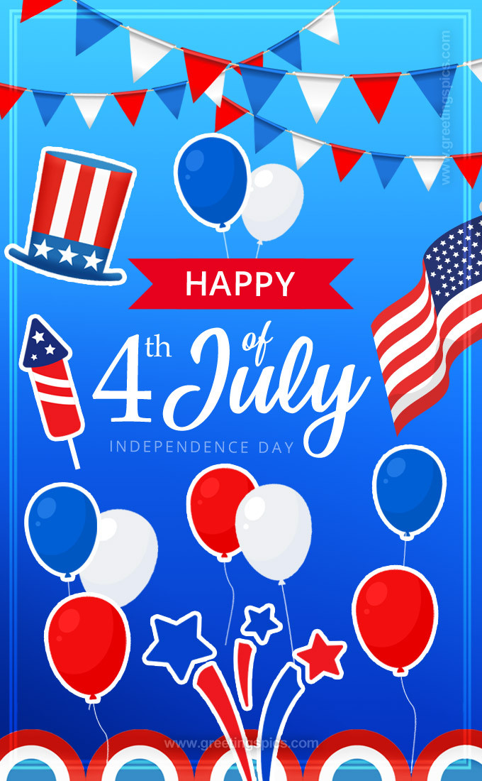 Colorful Picture with Happy 4th of July Wishes and holiday attributes (tall rectangle shape picture)