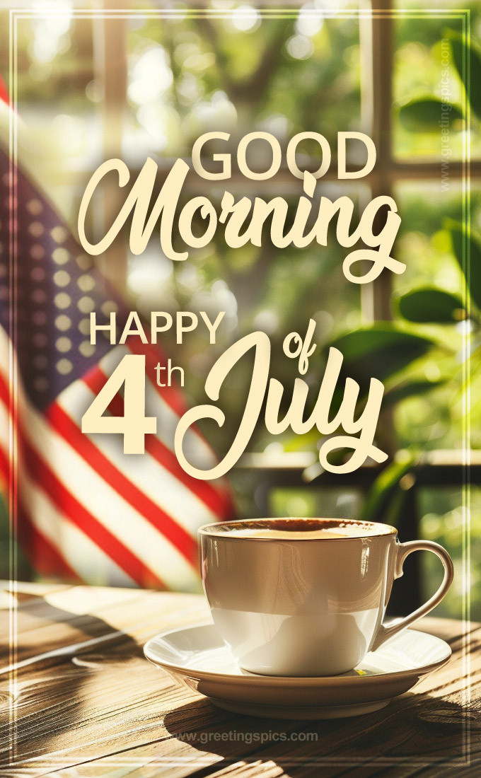 Good Morning Happy 4th of July Beautiful Image with a cup of cappuccino (tall rectangle shape picture)