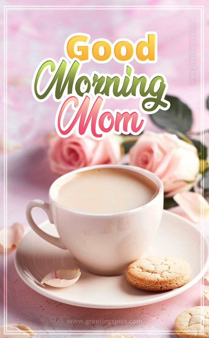 Good Morning Mom Picture with cup of coffee and beautiful pink roses (tall rectangle shape picture)