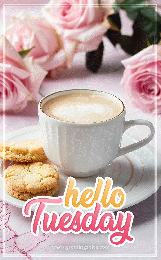 Hello Tuesday image with coffee, cookies and beautiful pink roses (tall rectangle shape picture)