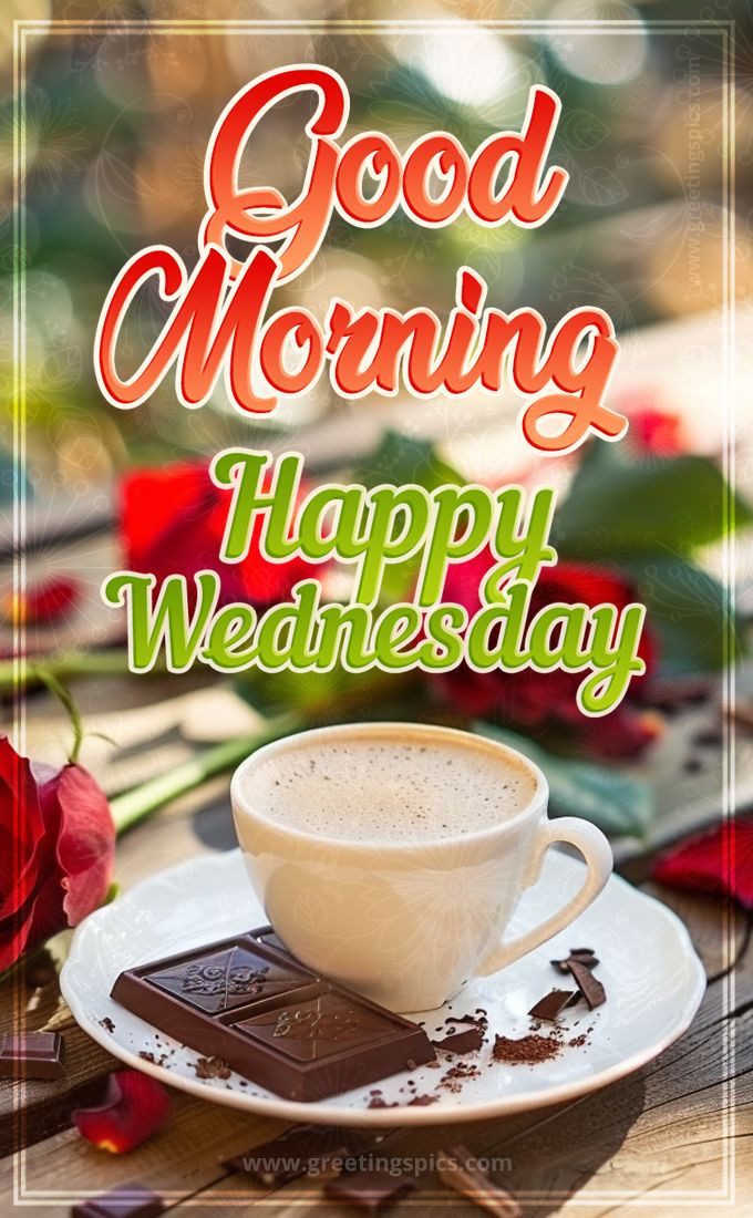 Good Morning happy Wednesday image with roses coffee and chocolate (tall rectangle shape picture)