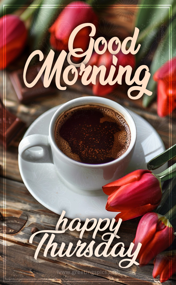 Good Morning happy Thursday picture with a cup of coffee, red tulips and chocolate (tall rectangle shape picture)