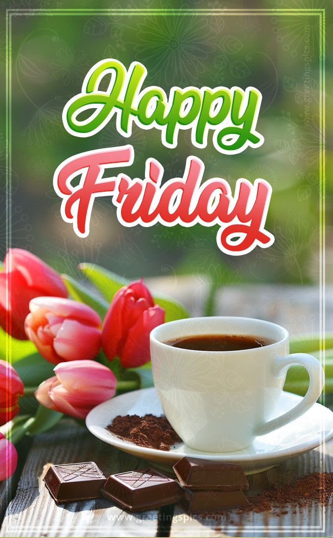 Happy Friday picture with tulips, cup of coffee and chocolate (tall rectangle shape picture)