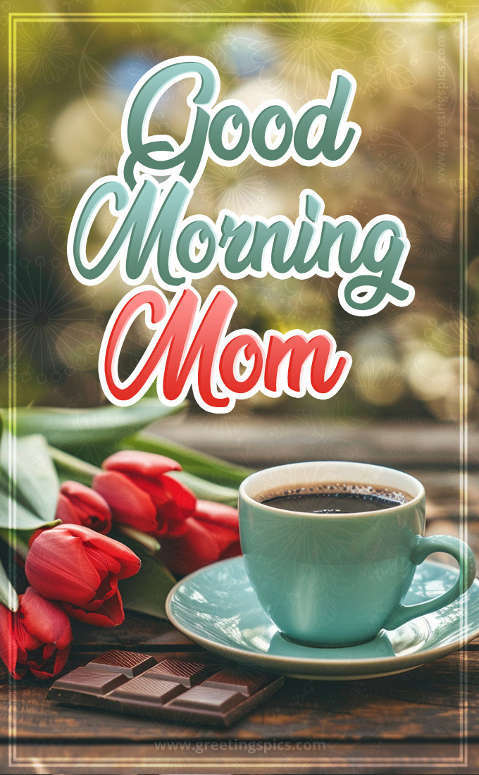 Good Morning Mom Image with a cup of coffee, chocolate and red tulips (tall rectangle shape picture)