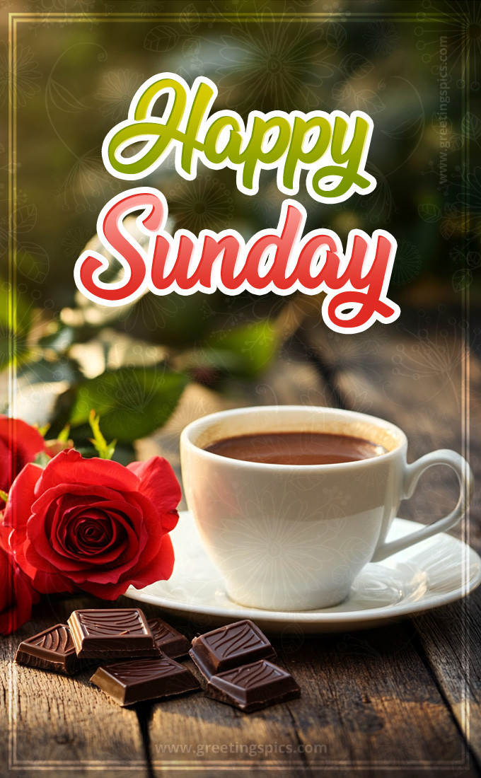 Happy Sunday beautiful card with chocolate and red roses (tall rectangle shape picture)