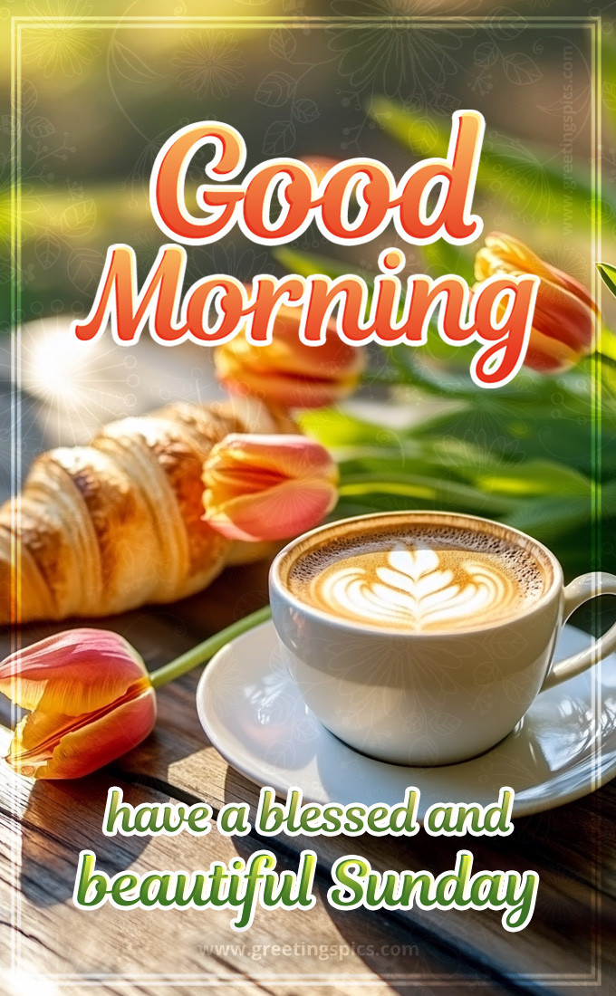 Good Morning have a blessed and beautiful Sunday image with coffee and croissant (tall rectangle shape picture)