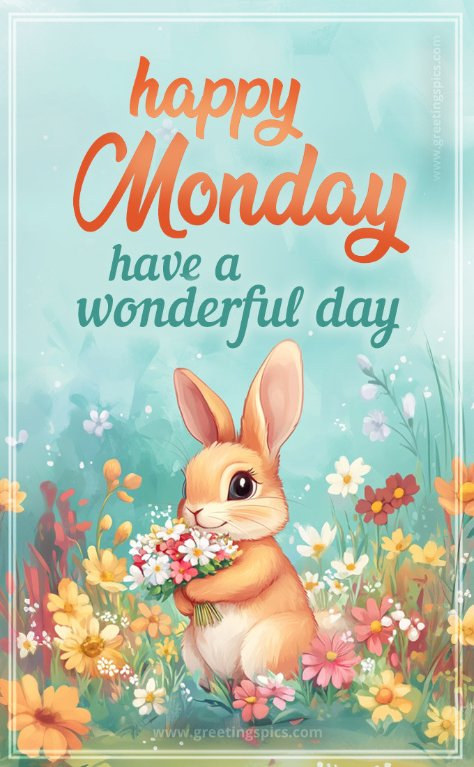 Happy Monday have a Wonderful day Image with cute cartoon bunny (tall rectangle shape picture)