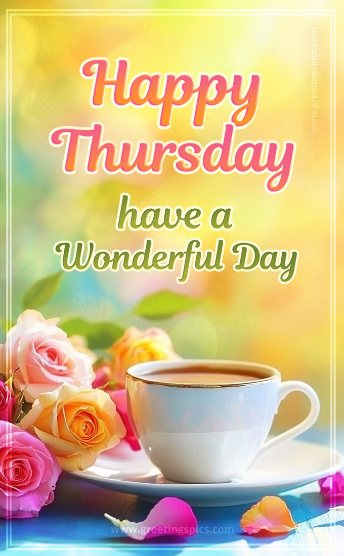 Happy Thursday have a Wondeful Day image with a cup of latte and roses (tall rectangle shape picture)