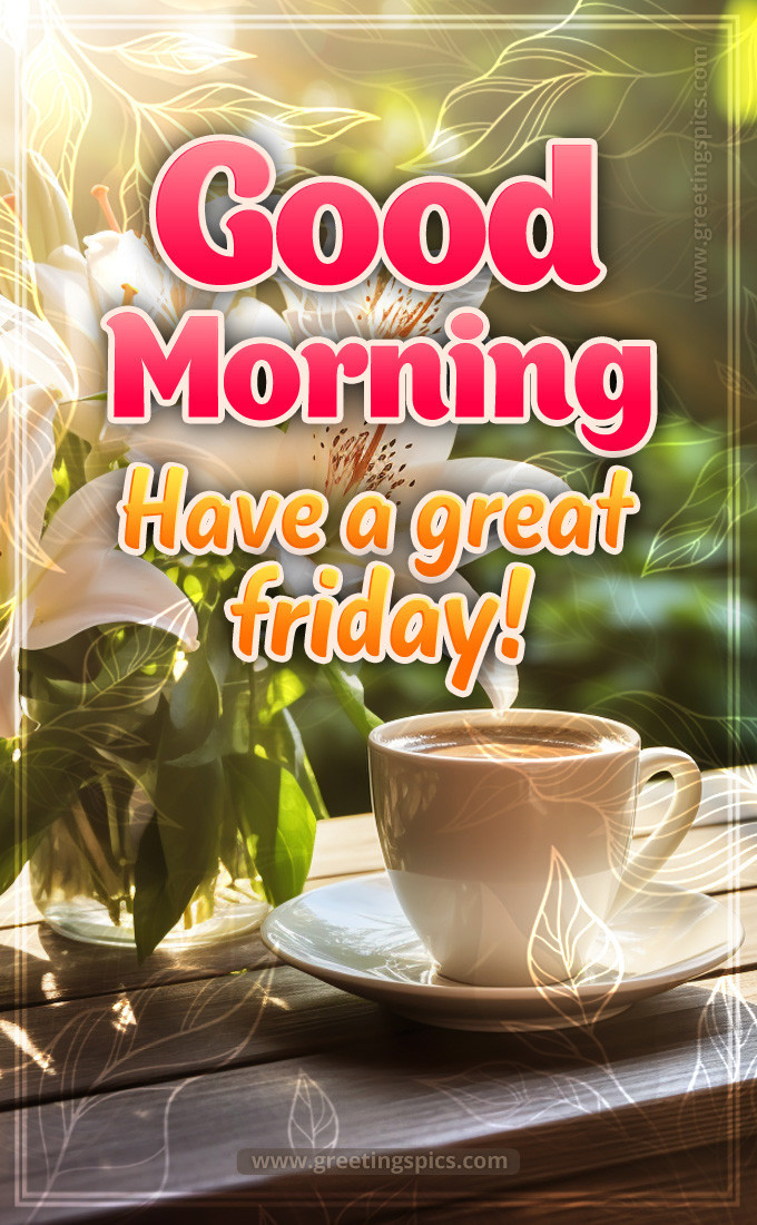 Good Morning Have a Great Friday image with cup of coffee and beautiful white lilies (tall rectangle shape picture)