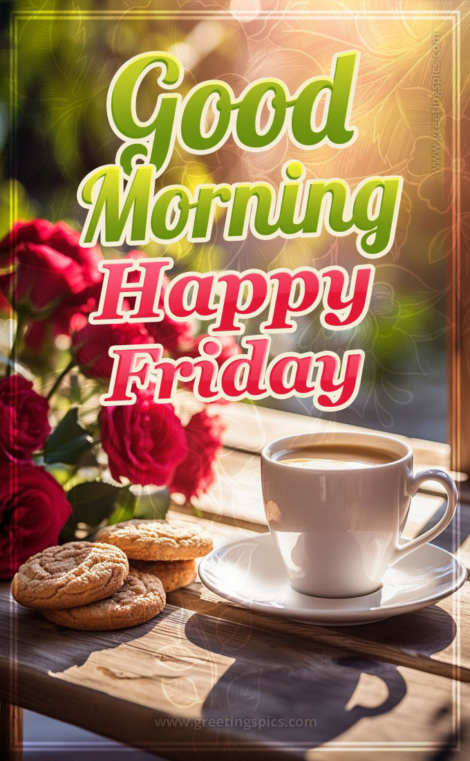 Good Morning Happy Friday image with coffee and cookies (tall rectangle shape picture)