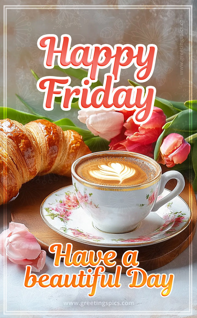 Happy Friday have a beautiful day image with a cup of cappuccino and croissants (tall rectangle shape picture)