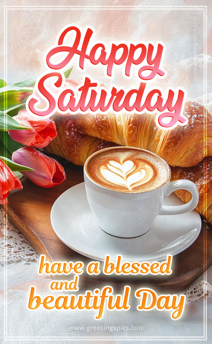 Happy Saturday image with a cup of cappuccino, croissant and red tulips (tall rectangle shape picture)