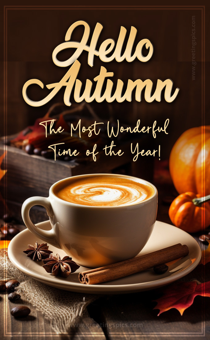 Hello Autumn beautiful image with a cup of coffee (tall rectangle shape picture)