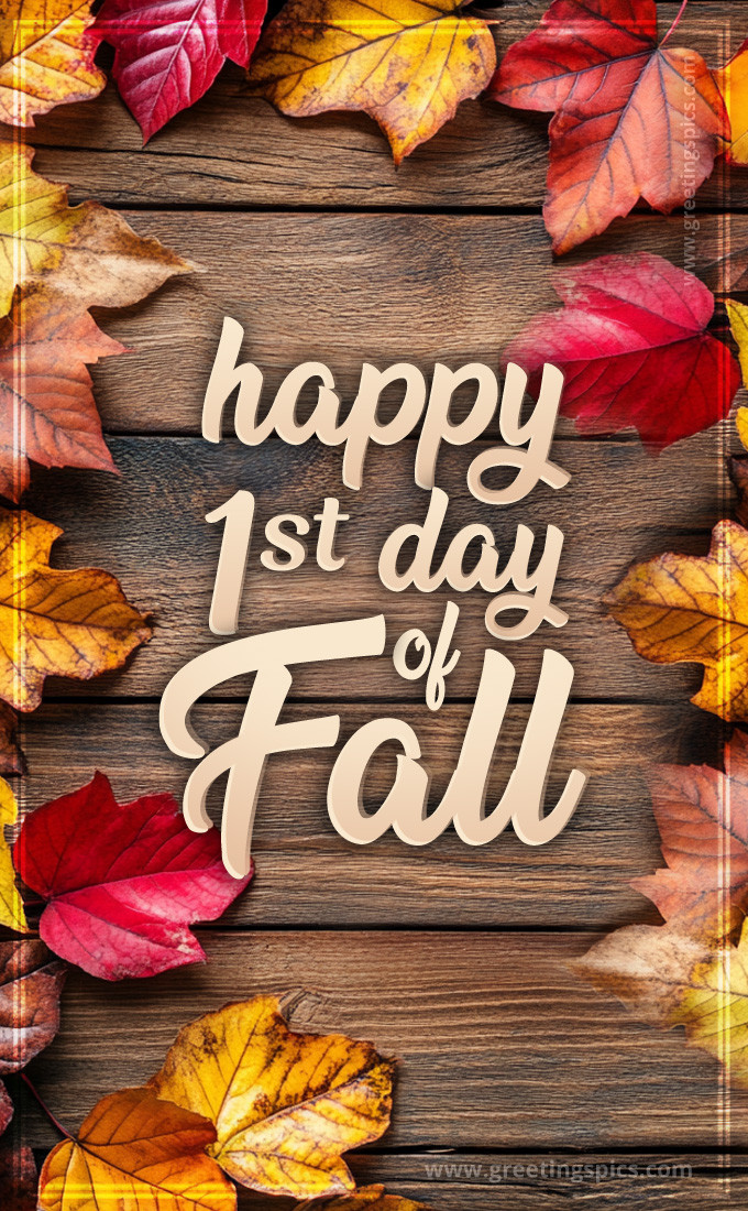 Happy 1st Day of Fall beautiful image with autumn leaves on a wooden table (tall rectangle shape picture)