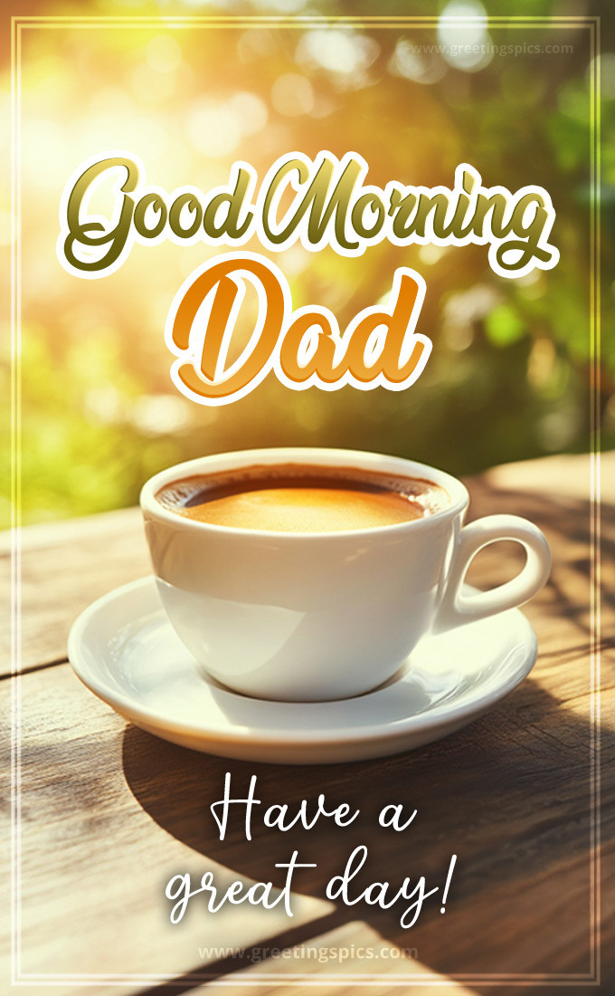 Good Morning Dad picture with a cup of hot cappuccino on the table (tall rectangle shape picture)