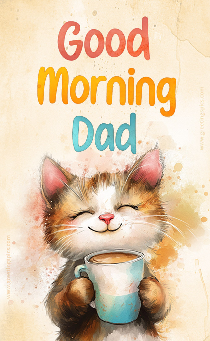 Good Morning Dad picture with cute cat (tall rectangle shape picture)