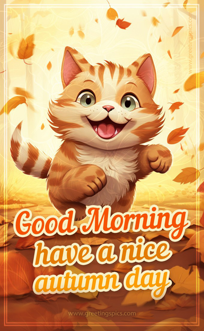 Good Morning Have a Nice Autumn Day funny image with cute cat (tall rectangle shape picture)