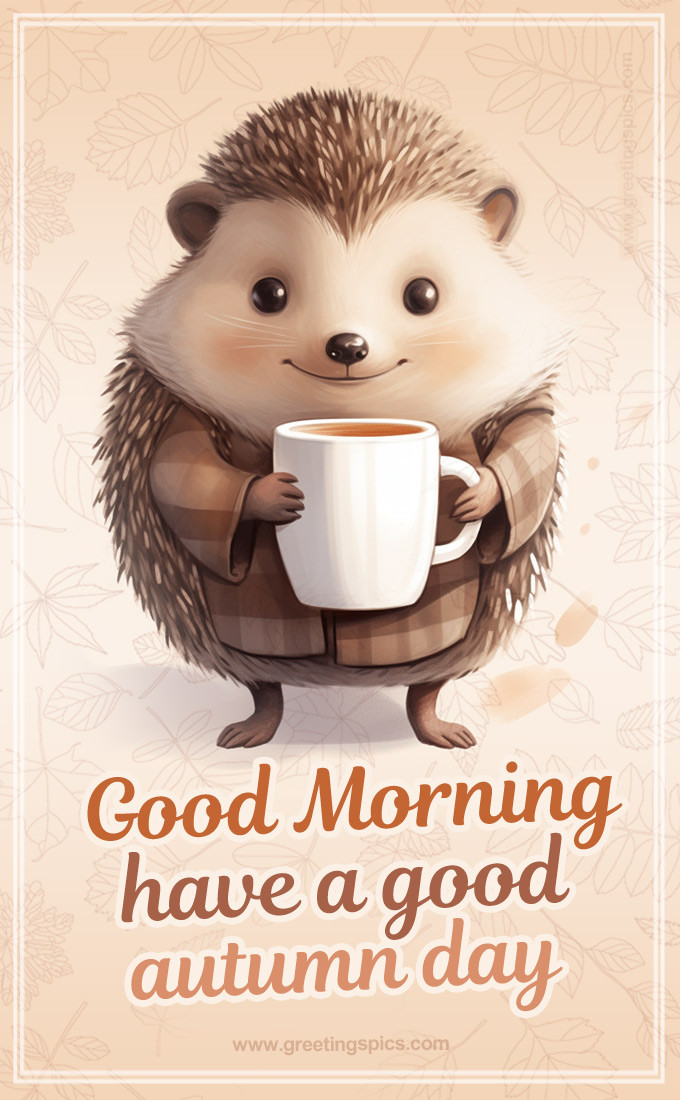 Good Morning Have a Good Autumn Day Picture with cute hedgehog (tall rectangle shape picture)