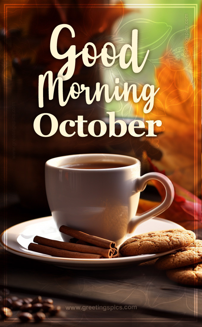 Good Moring October Image with coffee and cookies (tall rectangle shape picture)