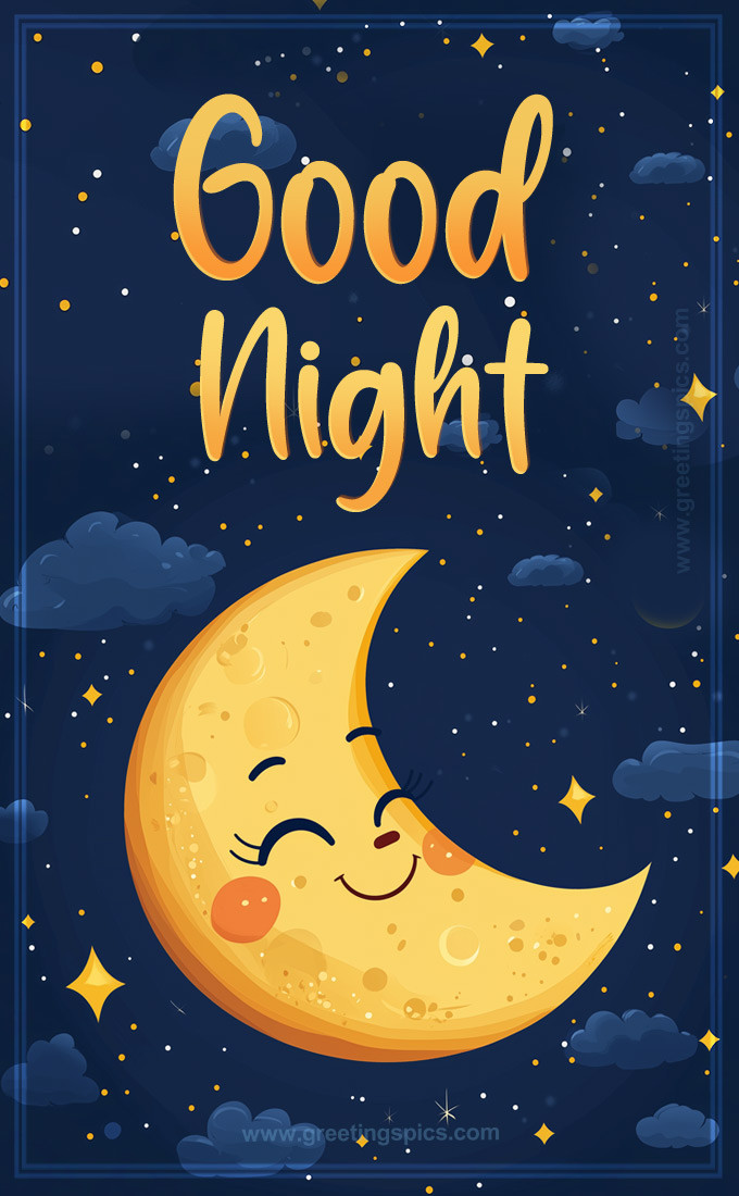 Good Night a picture of a kind cartoon crescent moon and stars (tall rectangle shape picture)