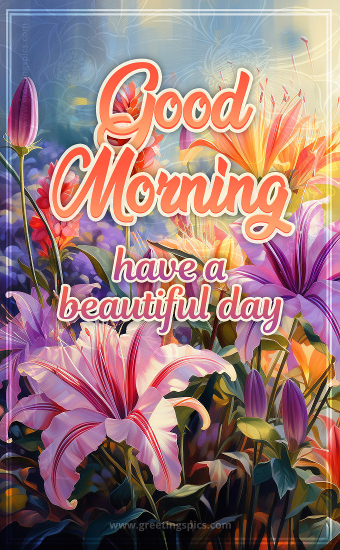 Good Morning Have a Beautiful Day picture with colorful flowers (tall rectangle shape picture)