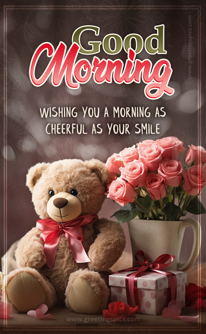 A picture to say Good Morning with a teddy bear and roses (tall rectangle shape picture)