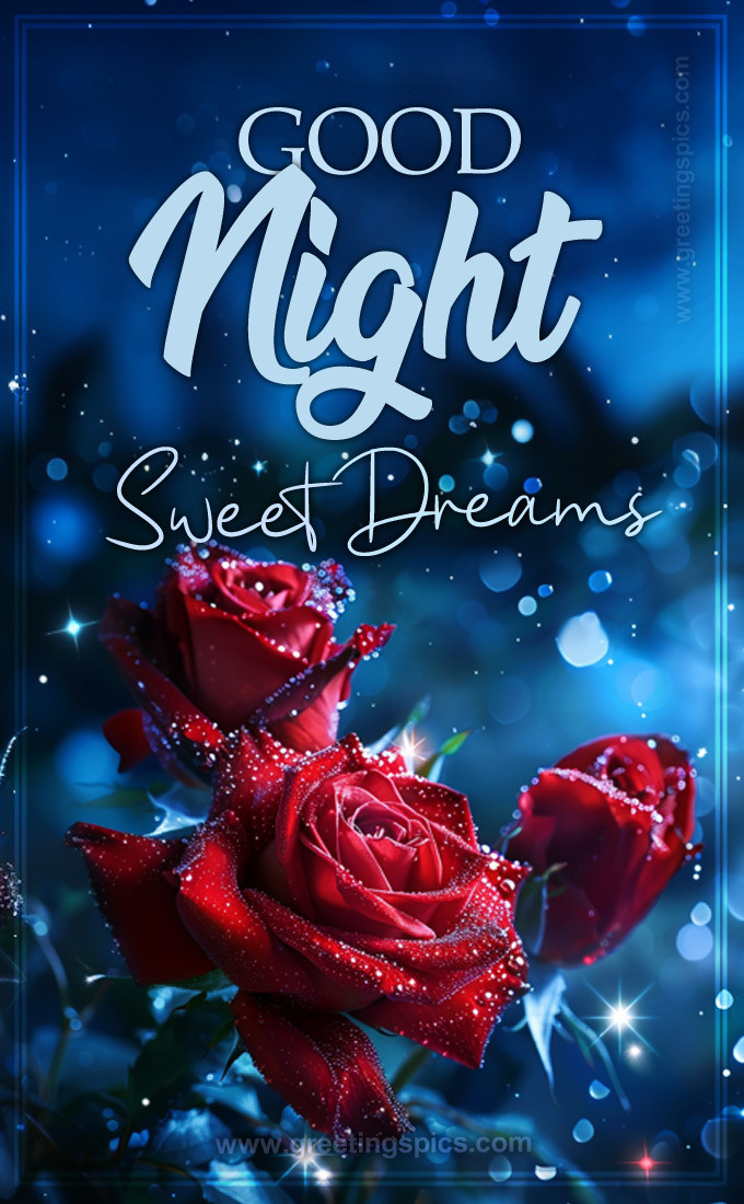 Picture with Goodnight wishes and roses on a dark blue background with glitters (tall rectangle shape picture)