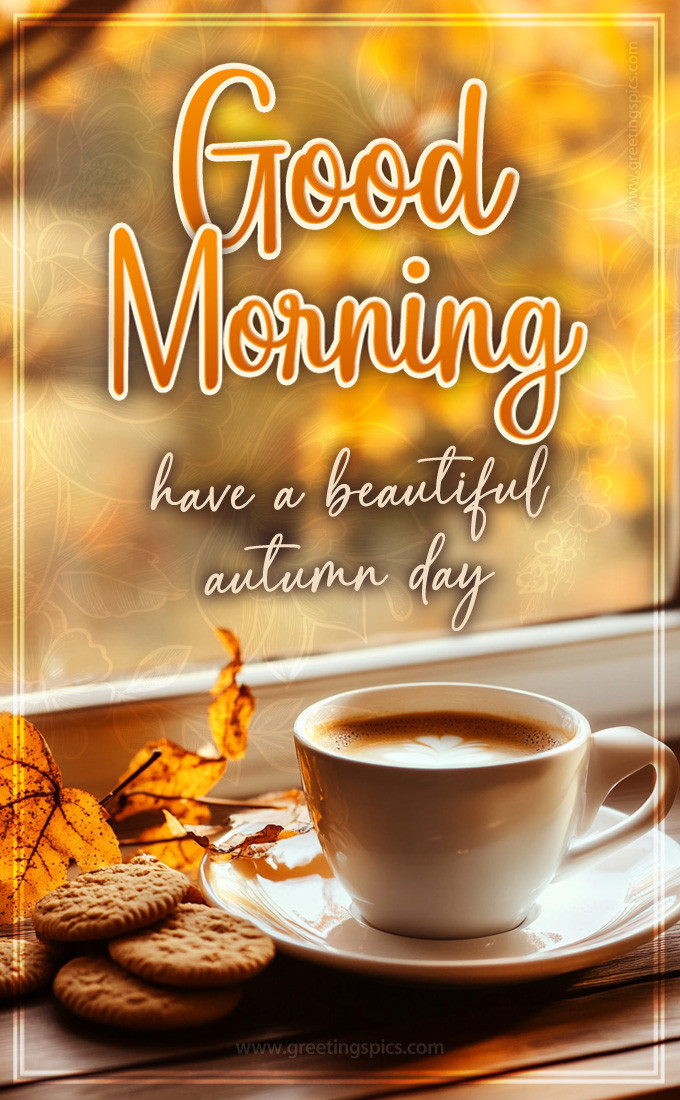 Good Morning Have a Beautiful Autumn Day image with coffee near the window (tall rectangle shape picture)