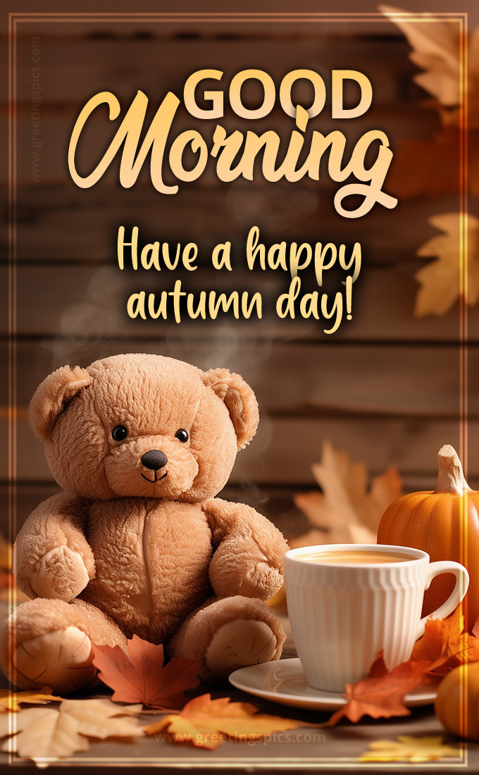 Good Morning have a Happy Autumn day image with cute teddy bear (tall rectangle shape picture)