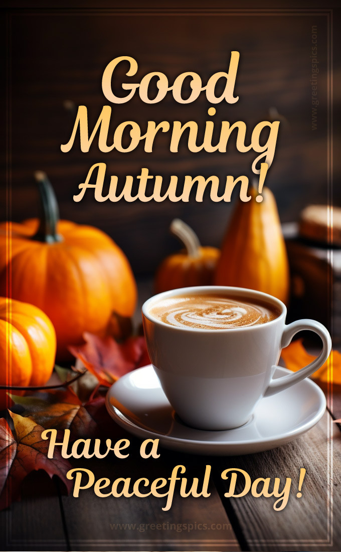 Good Morning Autumn have a Peaceful Day image with a cup of latte (tall rectangle shape picture)