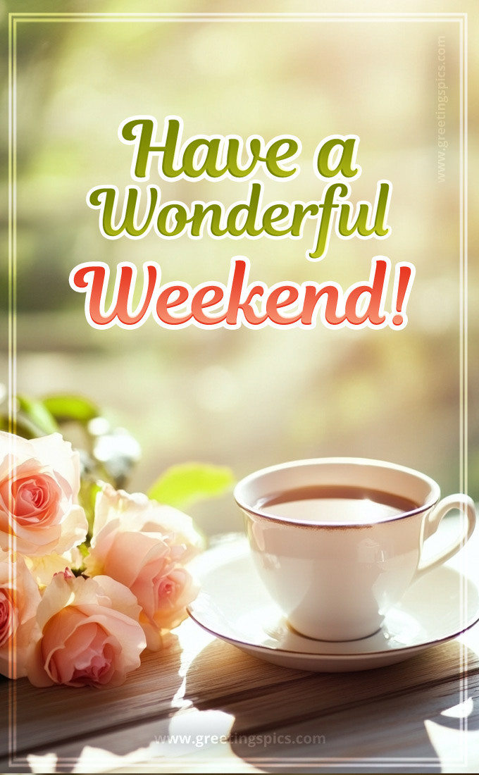 Have a Wondeful Weekend Beautiful Image with coffee and roses (tall rectangle shape picture)