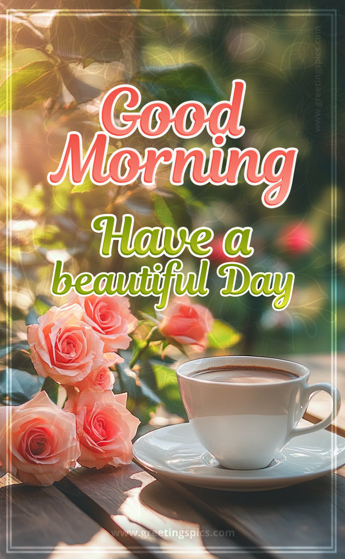 Good Morning have a Beautiful Day picture with coffee and roses (tall rectangle shape picture)