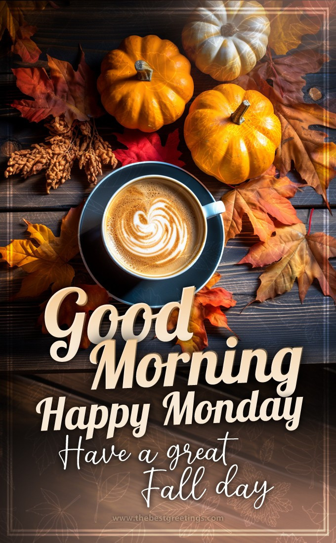 Good Morning Happy Monday Fall image with pumpkins and cup of coffee (tall rectangle shape picture)