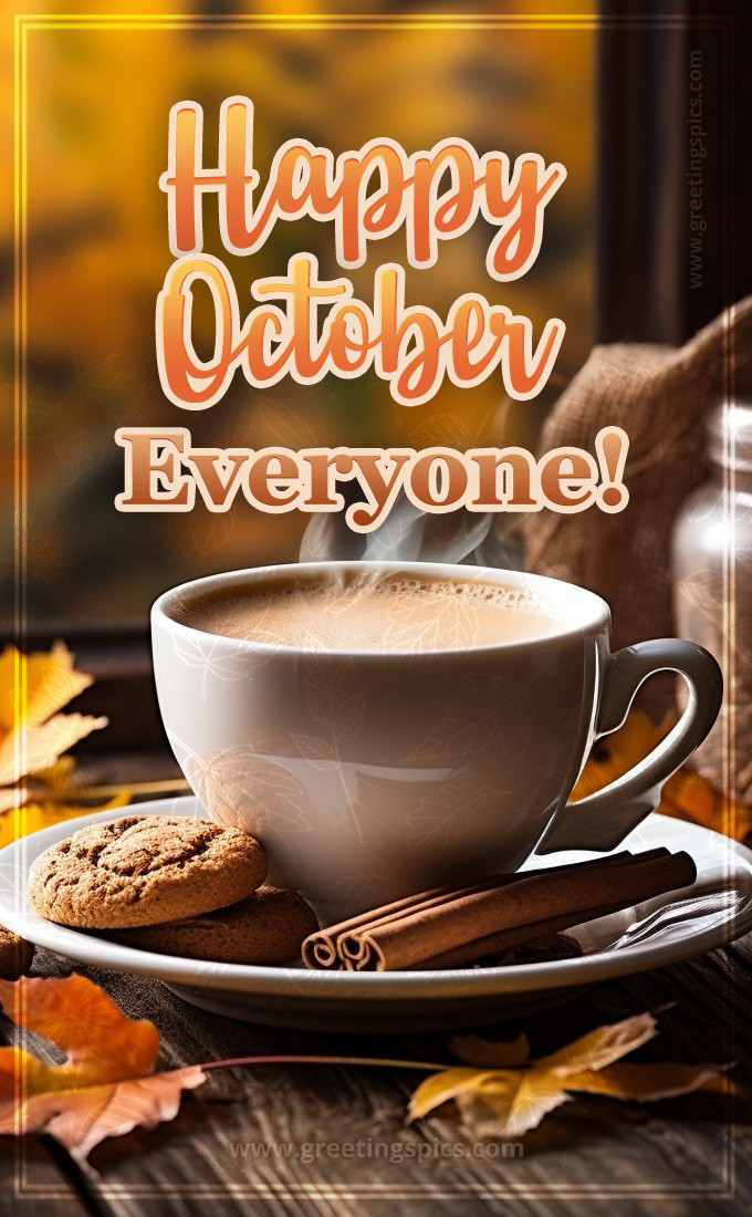 Happy October Everyone image with hot drink and cookies (tall rectangle shape picture)