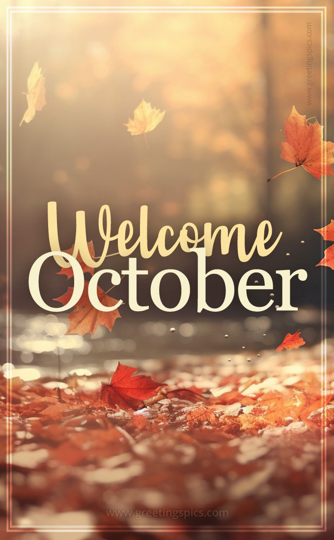 Welcome October image with beautiful autumn leaf fall (tall rectangle shape picture)