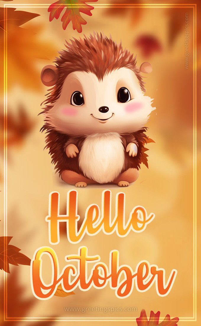 Hello October image with cute funny hedgehog (tall rectangle shape picture)