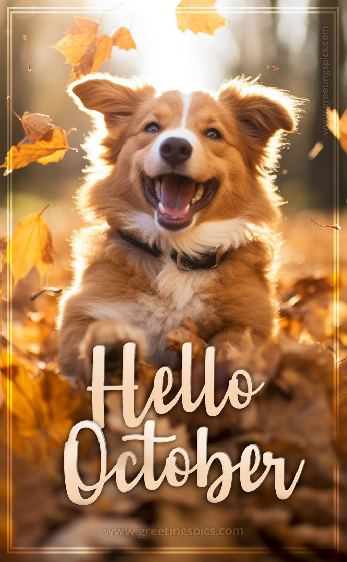 Hello October picture with happy dog (tall rectangle shape picture)