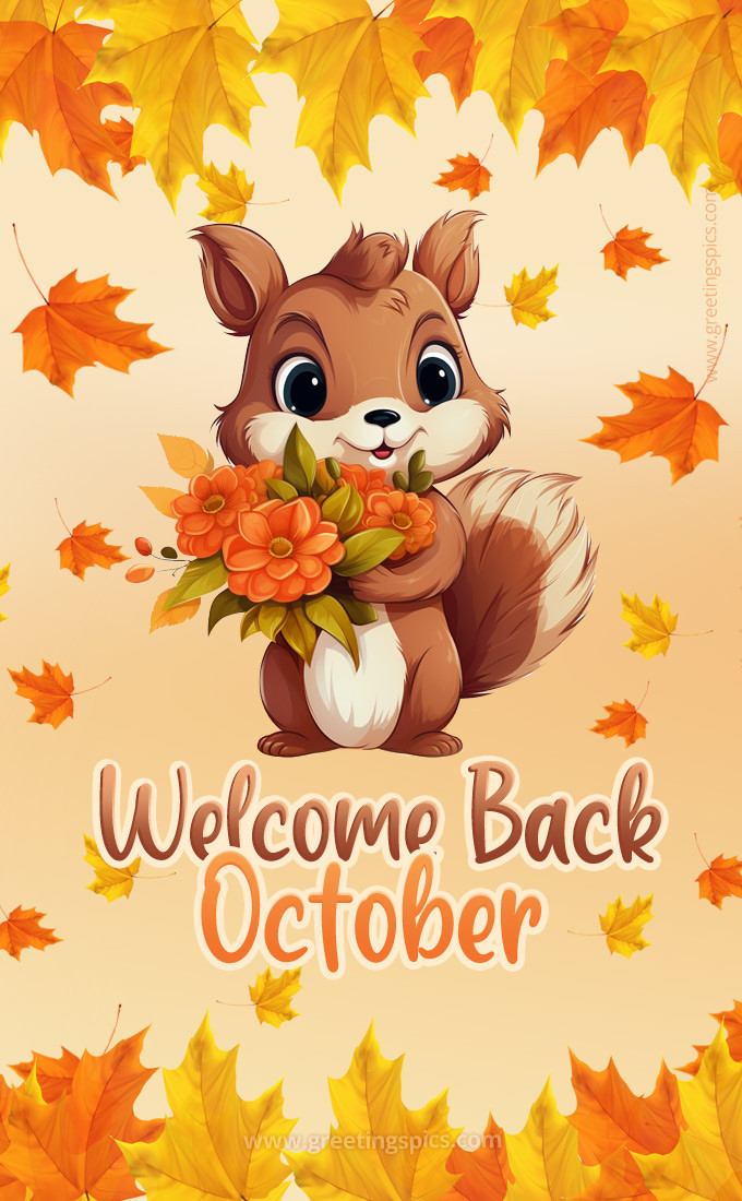 Welcome Back October image with cute squirrel (tall rectangle shape picture)