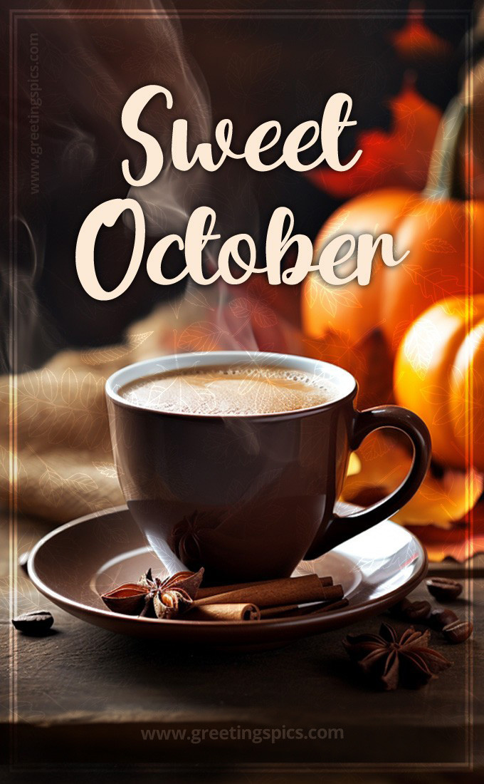 Sweet October image with hot coffee and pumpkins (tall rectangle shape picture)