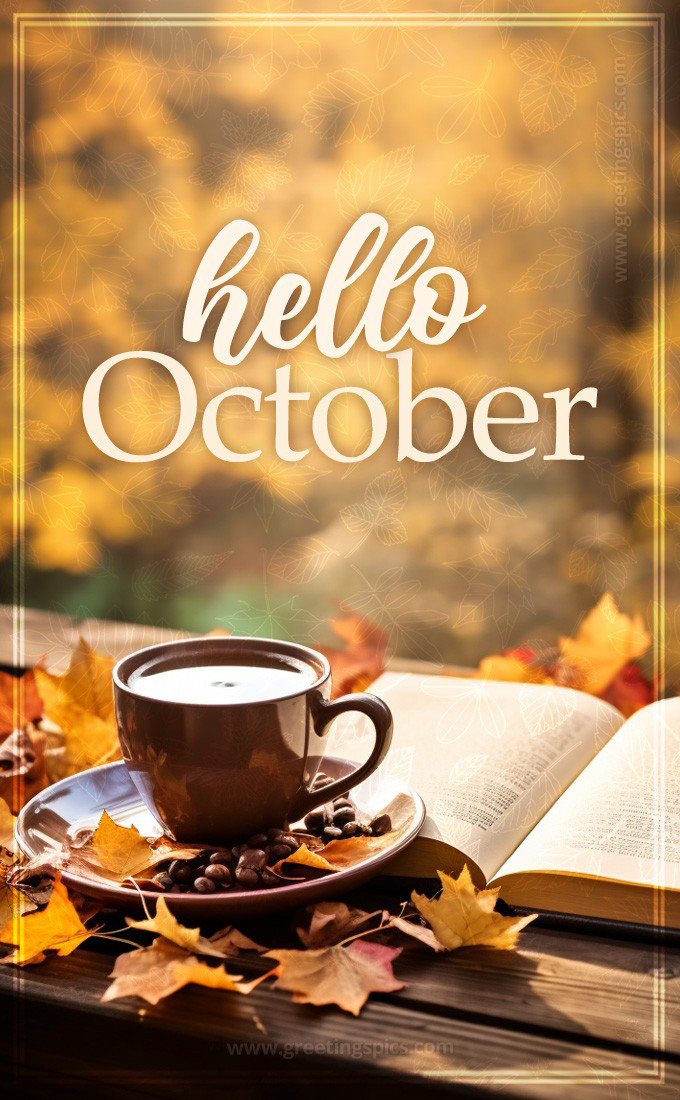 Hello October image with coffee and book (tall rectangle shape picture)