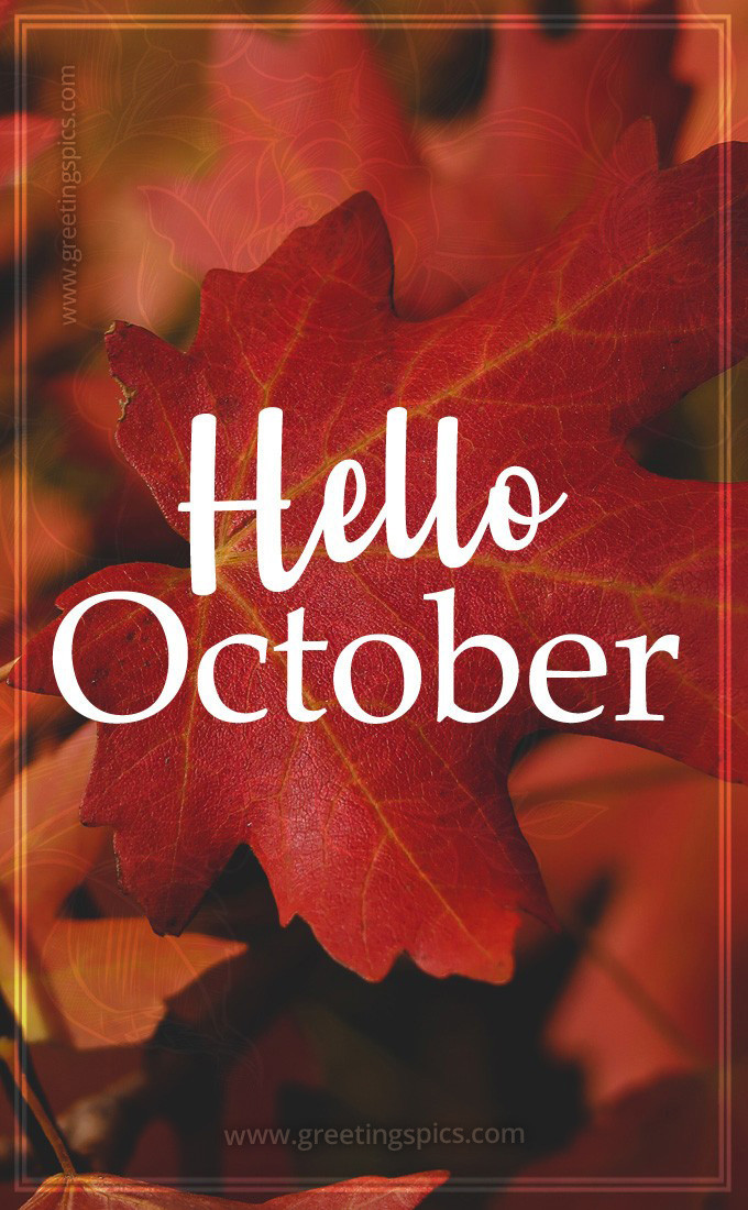 Hello October image with maple leaf (tall rectangle shape picture)