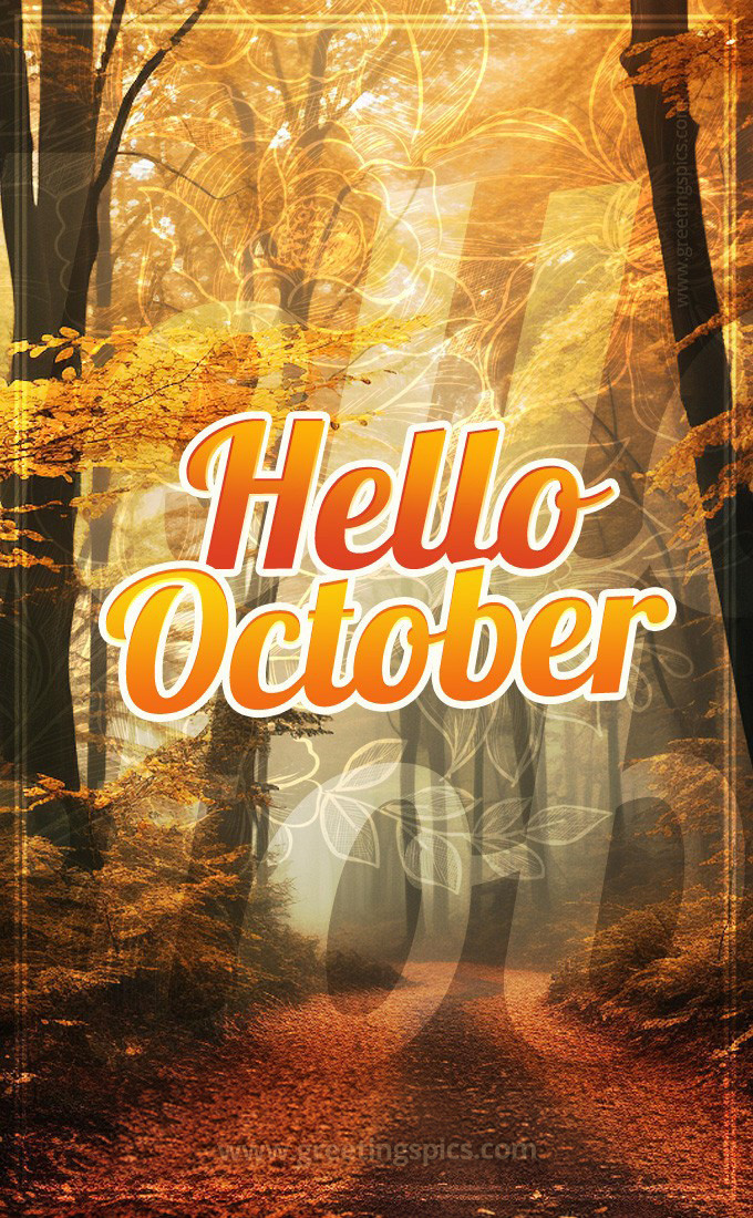 Hello October picture with autumn forest (tall rectangle shape picture)