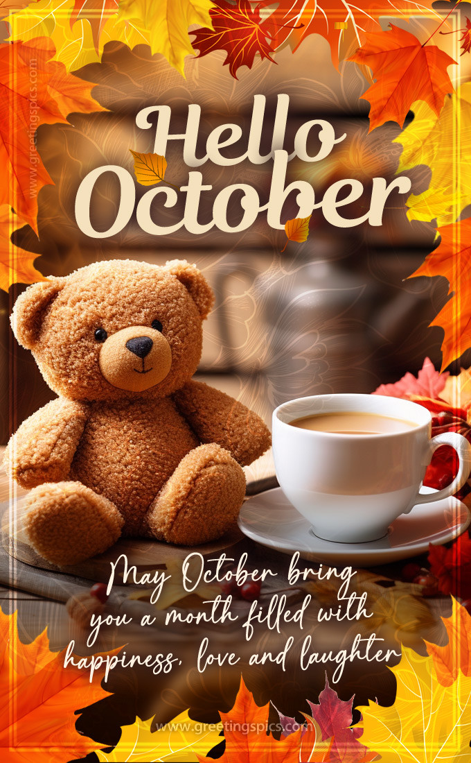 Hello October a picture with a cute teddy bear and a good wish (tall rectangle shape picture)