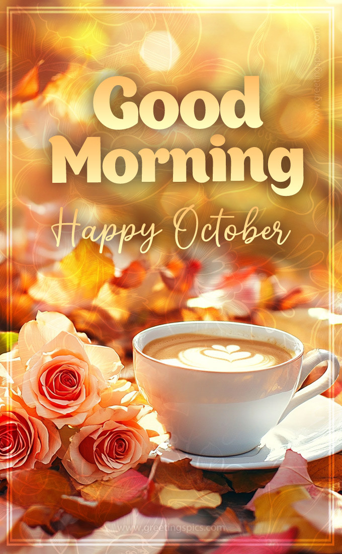 Good Morning Happy October beautiful image with roses (tall rectangle shape picture)