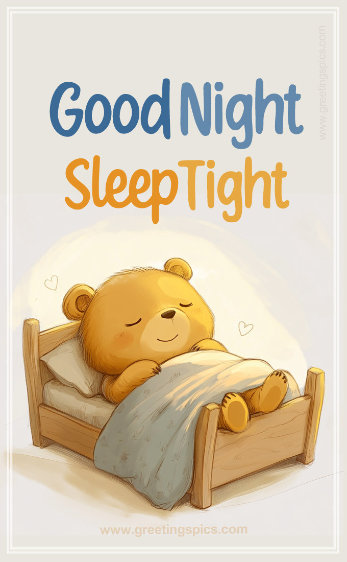 Good Night Sleep Tight a picture of a teddy bear covered with a blanket sleeping on his crib (tall rectangle shape picture)