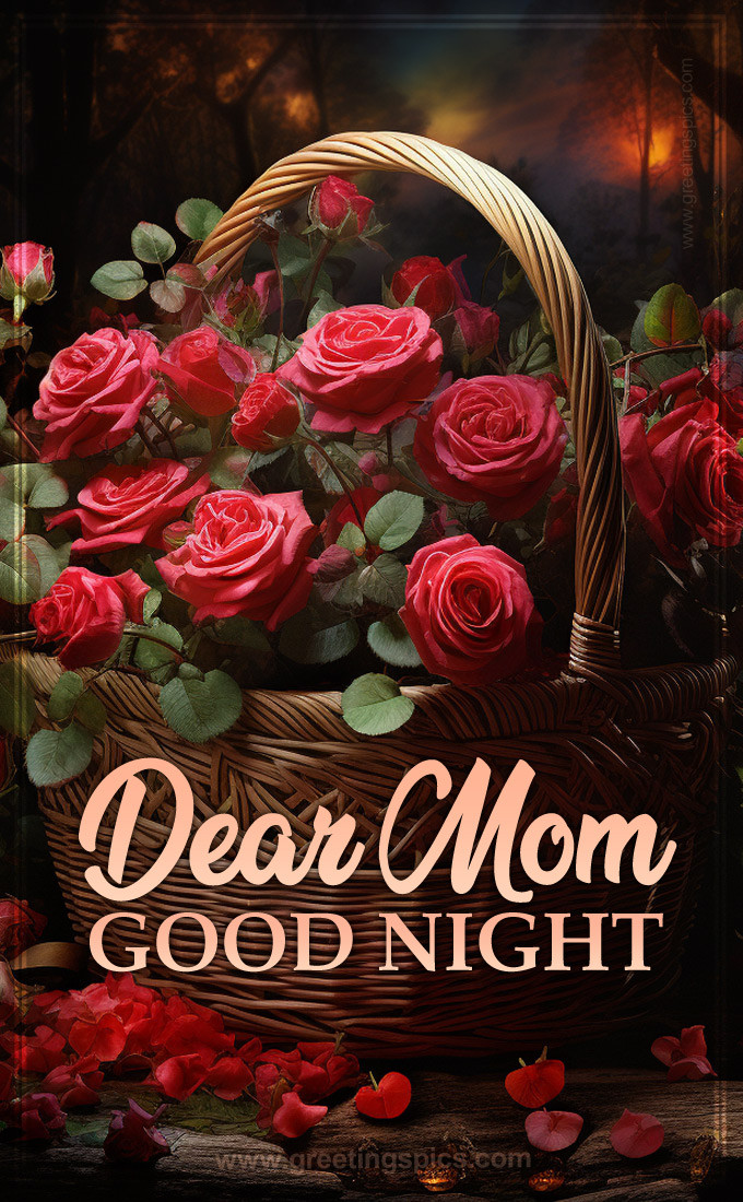 Dear Mom Good Night a picture of a beautiful basket of roses (tall rectangle shape picture)