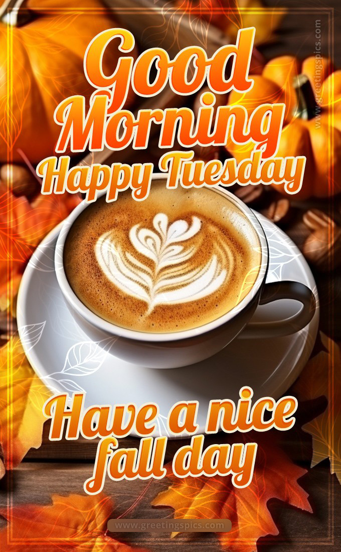 Good Morning Happy Tuesday fall image with cappuccino (tall rectangle shape picture)